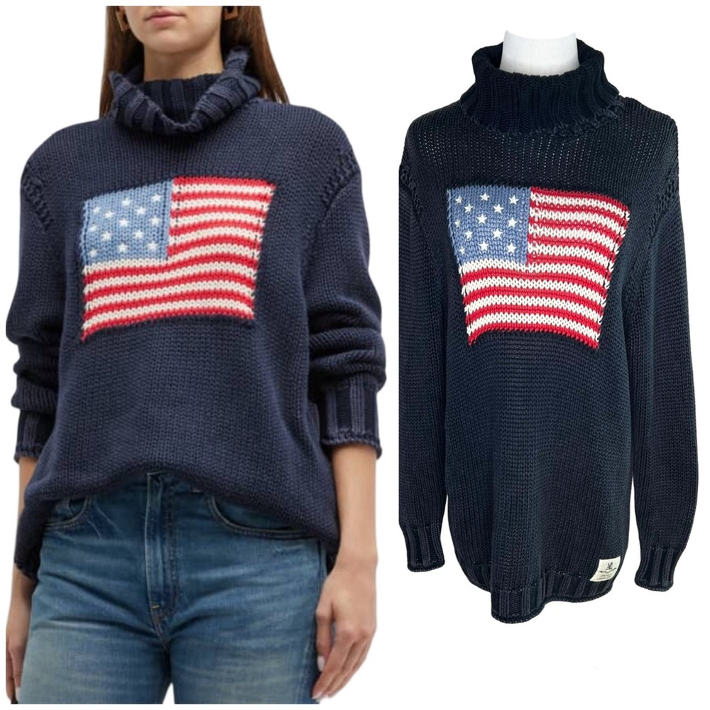 Denimist American Flag Turtleneck Sweater Size Medium Navy Oversized Patriotic - Picture 9 of 9